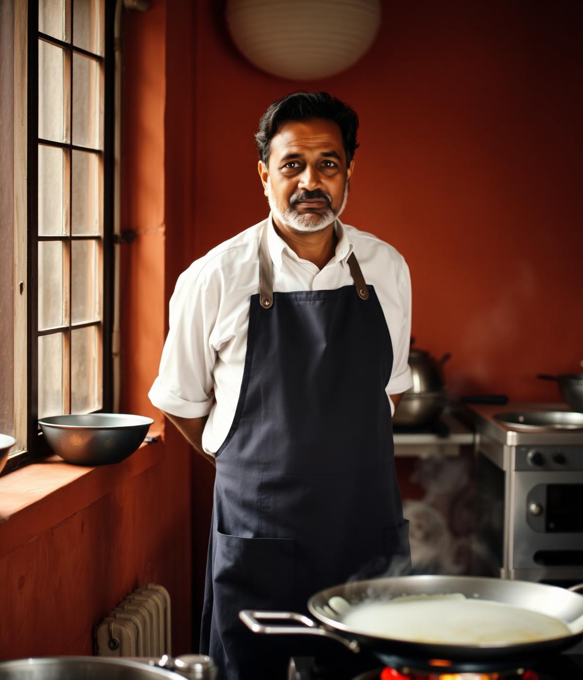 Head chef standing beside the tawa in the Ferment House kitchen