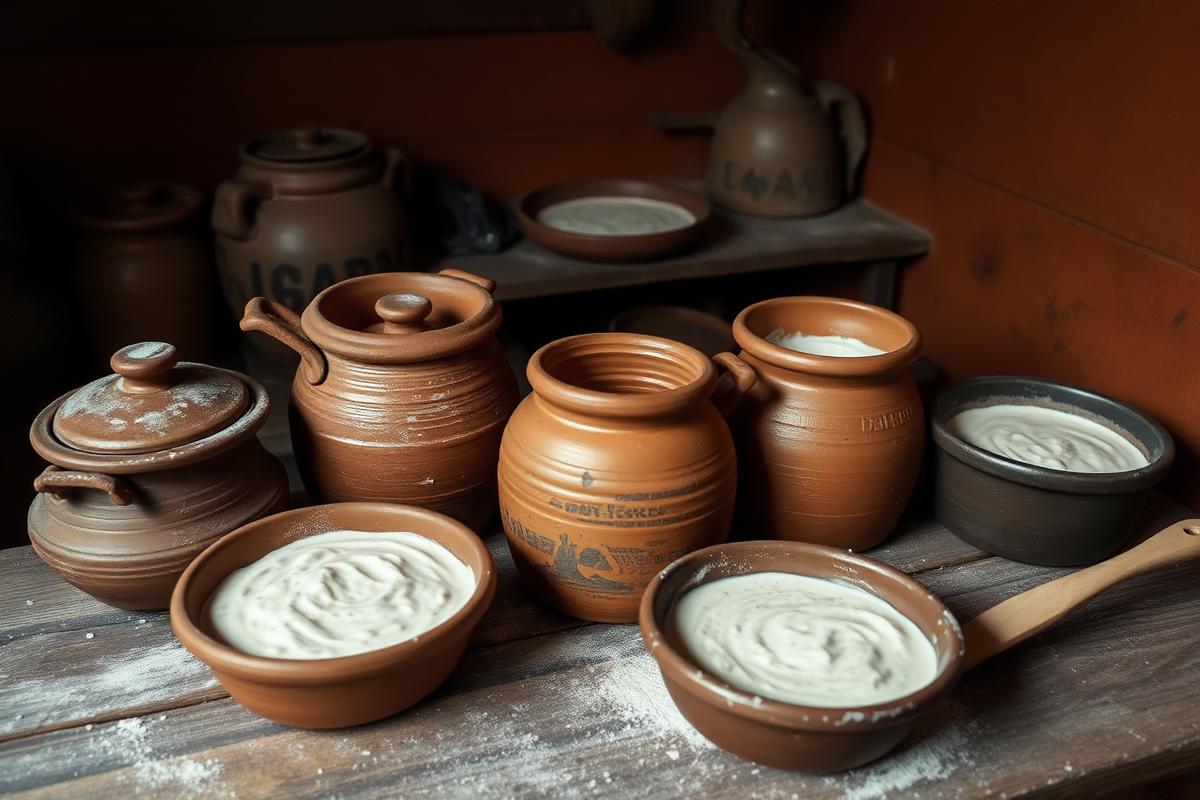 Clay pots of rice and lentil batter fermenting in a warm kitchen