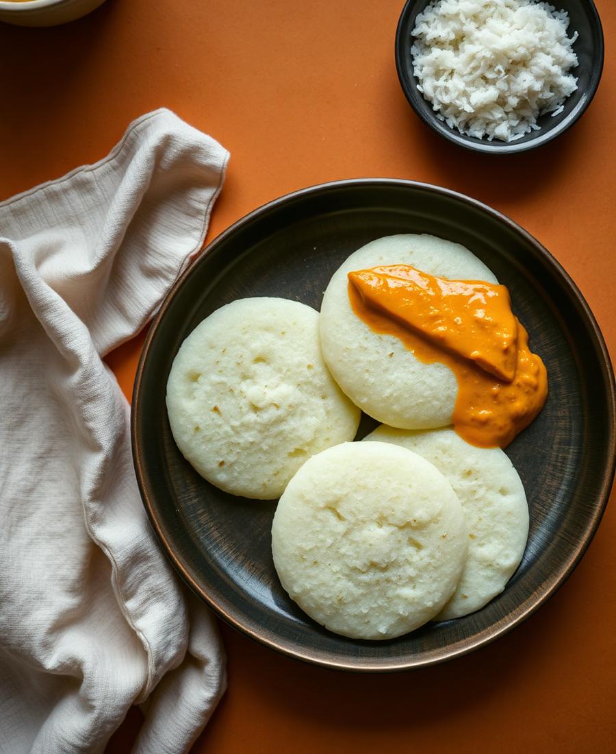 Thatte idli with coconut chutney on a dark plate