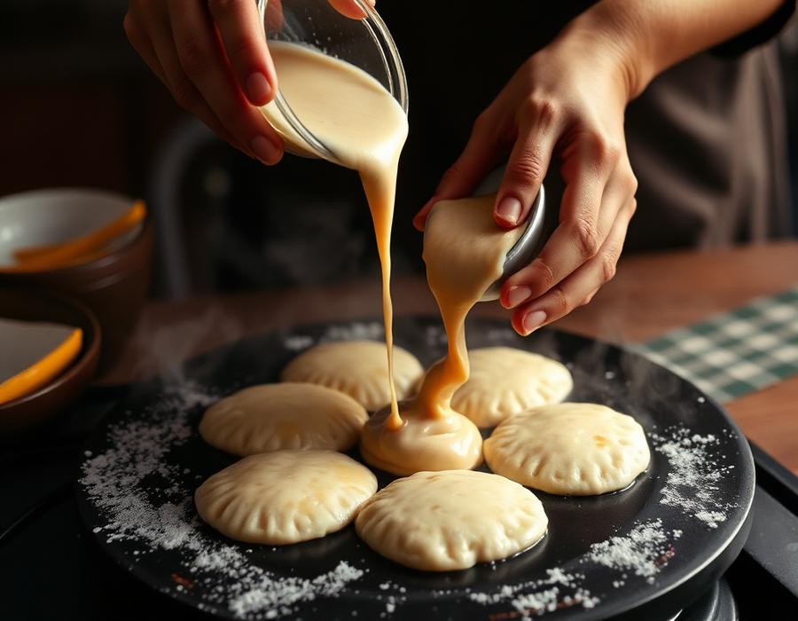 Batter being poured onto a hot griddle