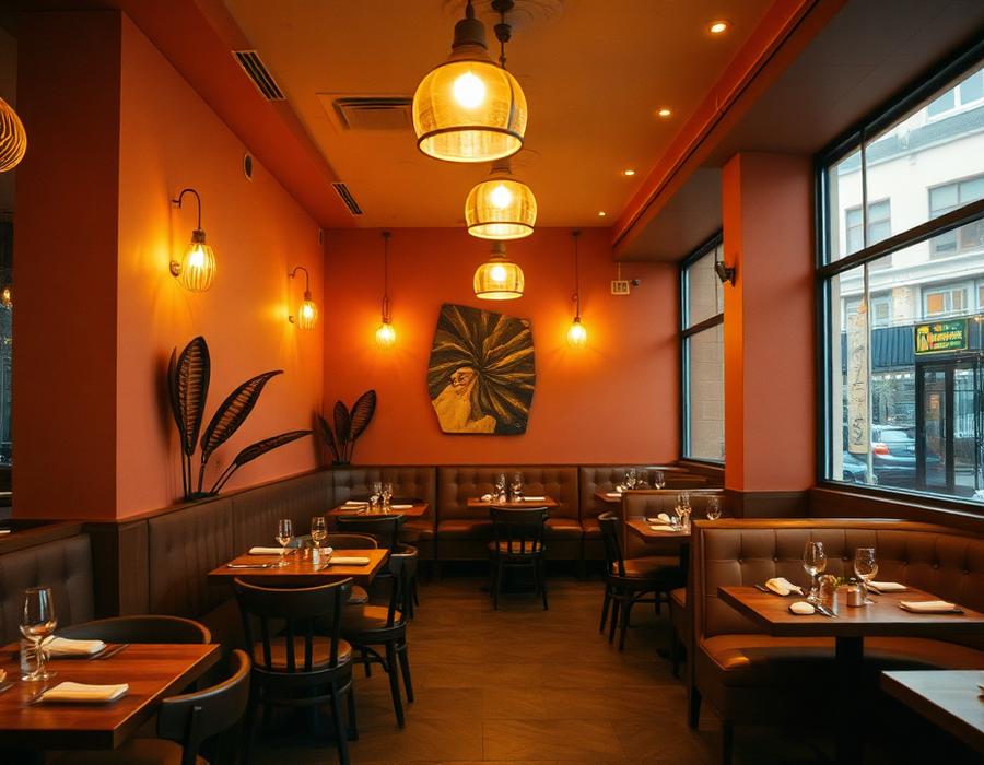 Warm dining room with terracotta walls and pendant lights