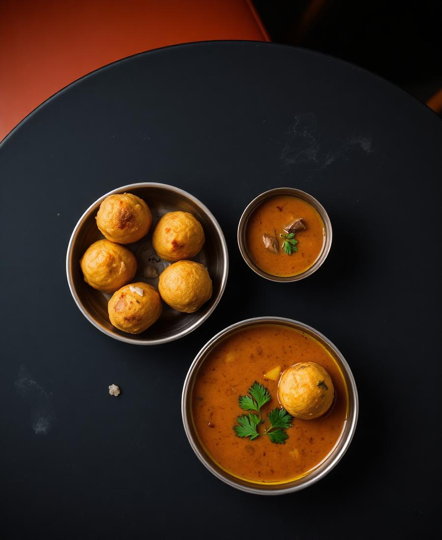 Medhu vada with sambhar in steel bowls